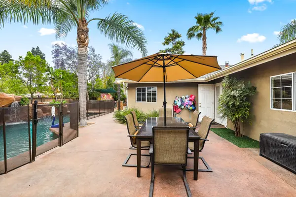 Umbrella-shaded poolside dining table